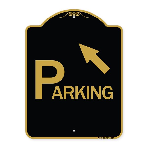 Parking W/ Arrow Pointing to Top Left, Black & Gold Aluminum Sign, 18" x 24", BG-1824-24517